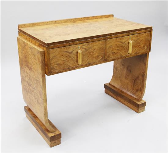 An Art Deco burr maple two drawer side table, W.3ft 2in.